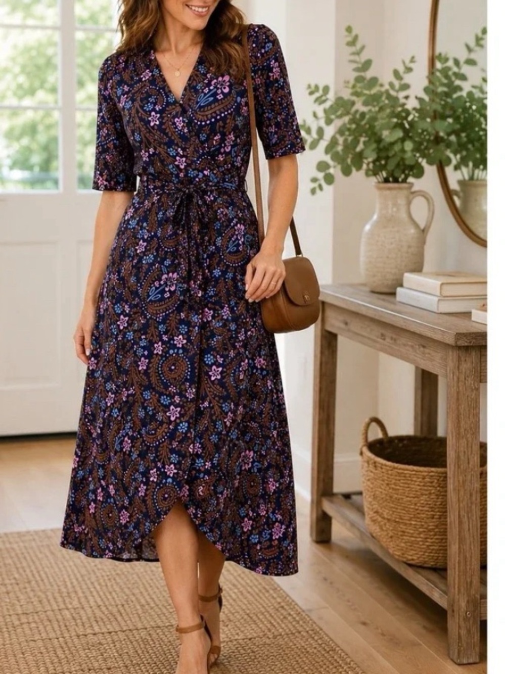 Boden Floral Paisley Jersey Wrap Midi Dress Boho Resort Cottagecore Size: 6P